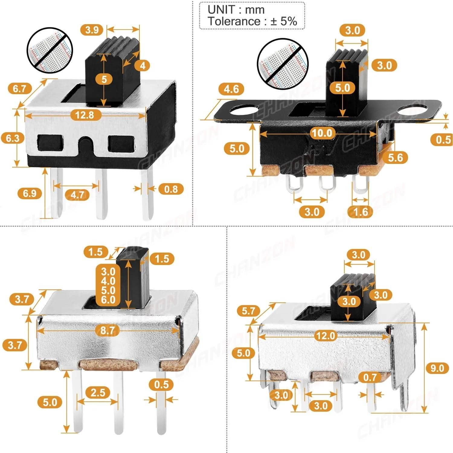 3mm 4mm 5mm 6mm Micro Slide Switch Spdt 3Pin 5 Positions ss12f15 ...