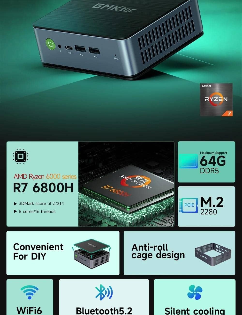 GMKtec K1 Міні-ПК AMD Ryzen 7 6800H DDR5 Windows 11 Pro 16 ГБ 512